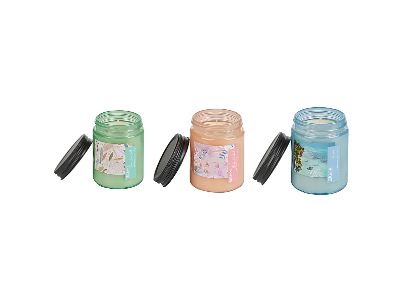 Duftkerze 3er Set Sojawachs im Glas grün / rosa / blau mit Deckel Fruity Bloom