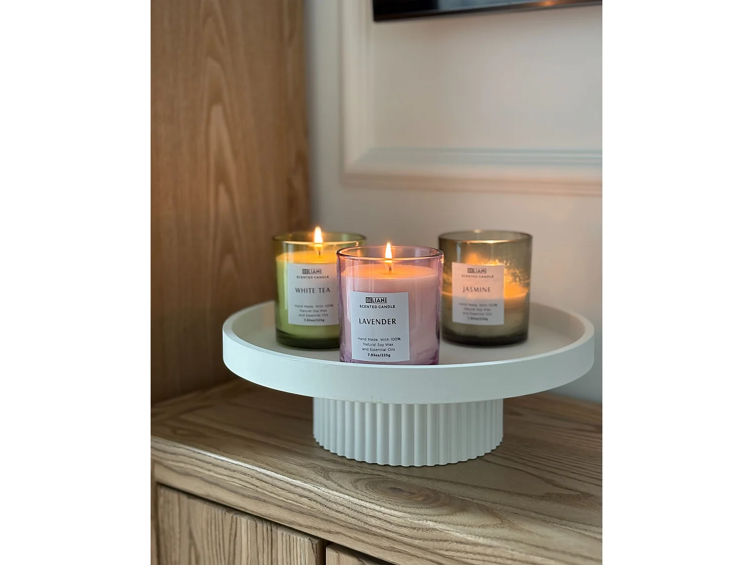 Set of 3 Scented Candles COLORFUL BARREL Soy Wax Fresh Notes Floral Notes