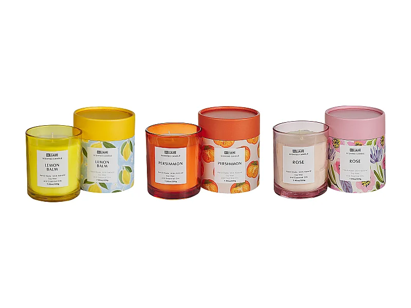 Set van 3 geurkaarsen COLORFUL BARREL Soja wax Orientaalse geurnoten Kruidige geurnoten Bloemige geurnoten