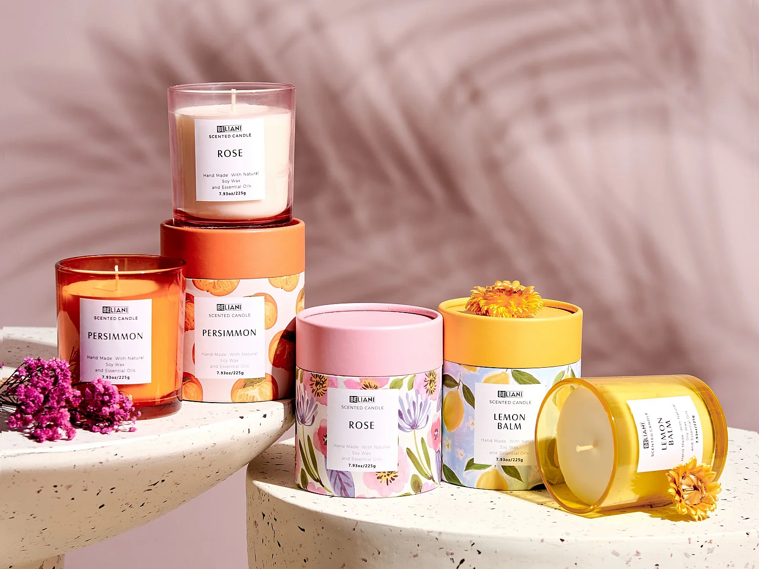 Lot de 3 bougies parfumées COLORFUL BARREL Cire de soja Notes florales Notes orientales Notes d'herbes