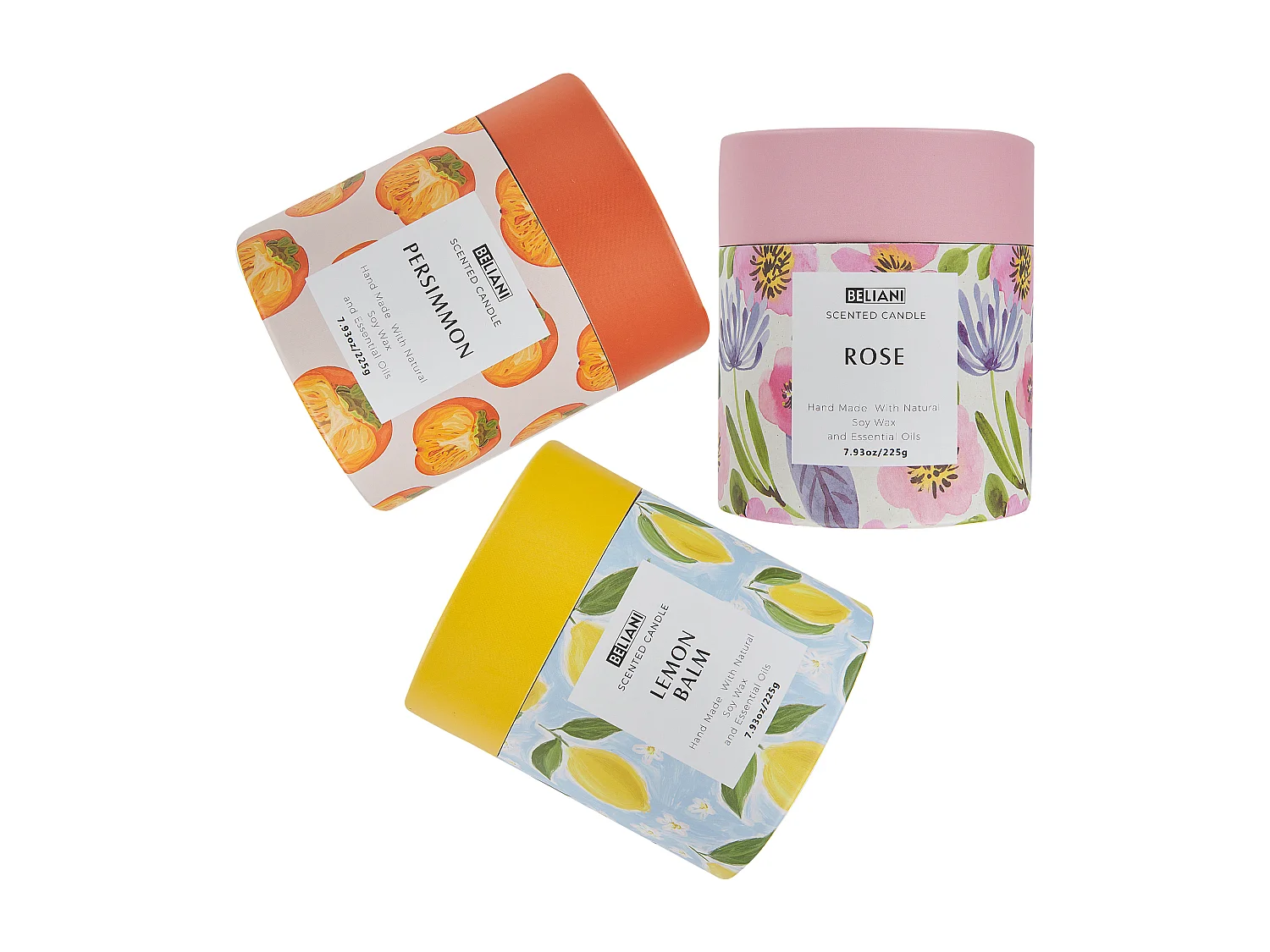 Lot de 3 bougies parfumées COLORFUL BARREL Cire de soja Notes florales Notes orientales Notes d'herbes