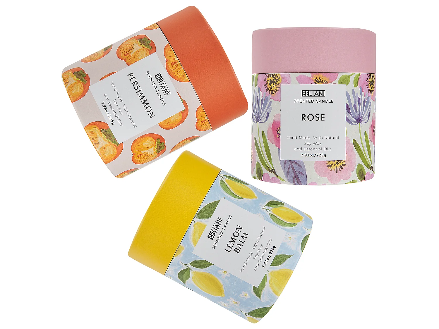 Conjunto de 3 velas aromáticas COLORFUL BARREL Cera de soja Notas orientales Notas aromáticas Notas florales