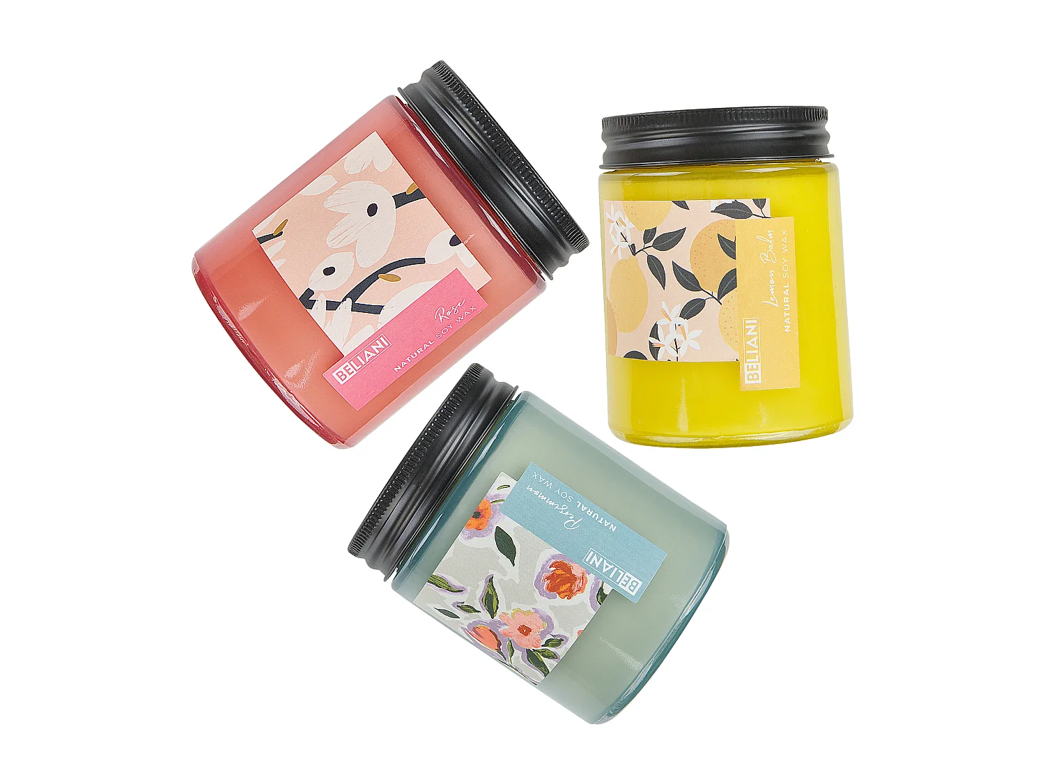 Lot de 3 bougies parfumées FRUITY BLOOM Cire de soja Notes florales Notes orientales Notes d'herbes