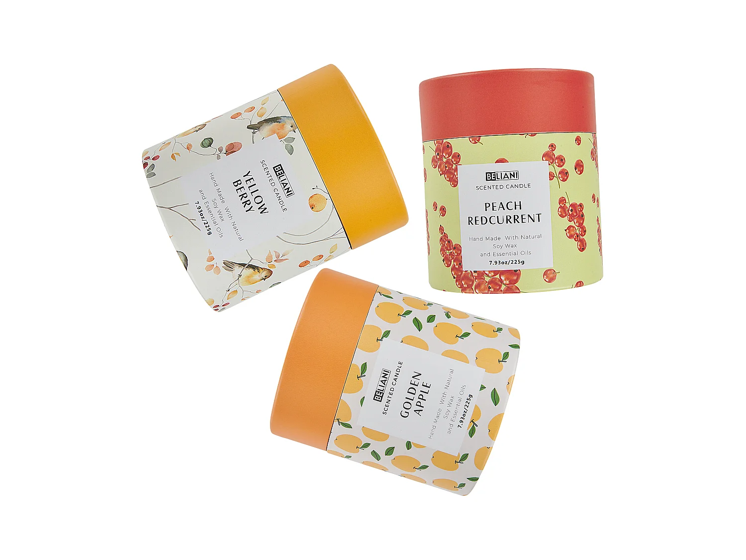 Set van 3 geurkaarsen COLORFUL BARREL Soja wax Fruitige geurnoten