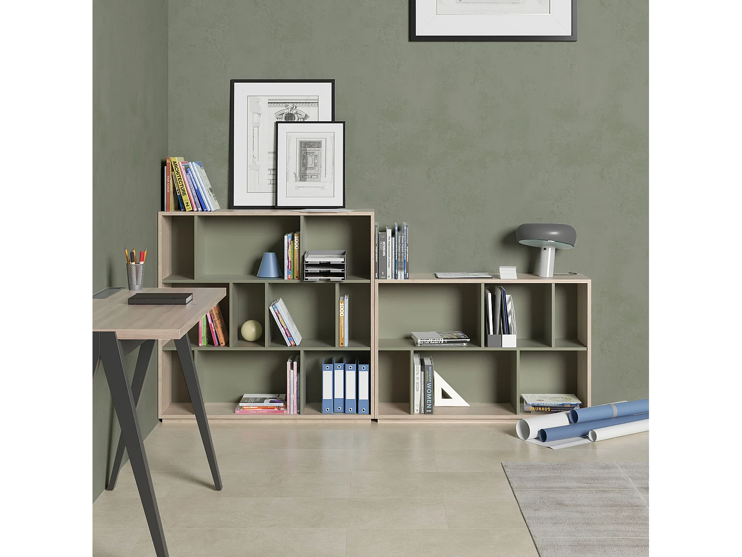 Biblioteca 2 prateleiras - A80cm x C119cm x P32cm carvalho e verde - Nack