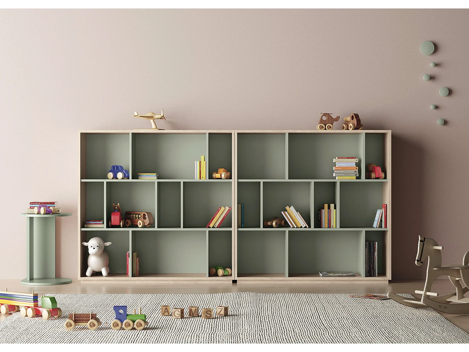 Biblioteca 3 prateleiras - A117cm x C119cm x P32cm carvalho e verde - Nack