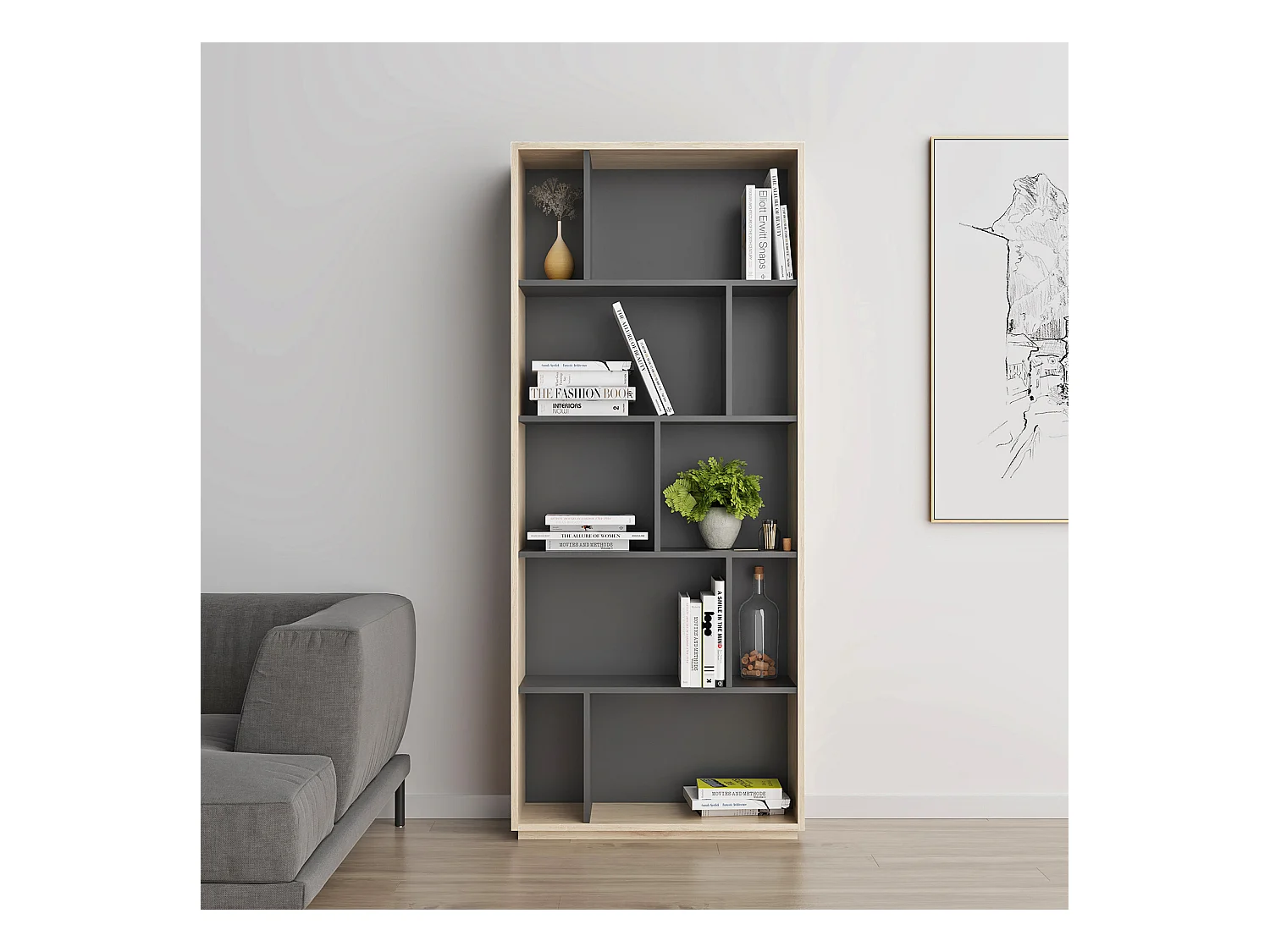 Biblioteca 5 prateleiras - A191cm x C80cm x P32cm carvalho e antracite - Nack