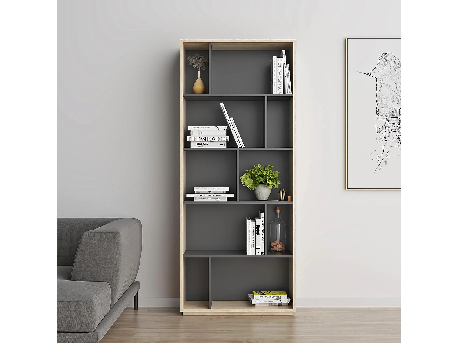 Biblioteca 5 prateleiras - A191cm x C80cm x P32cm carvalho e antracite - Nack