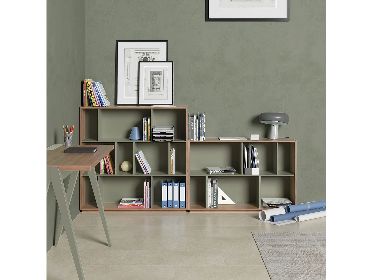 Biblioteca 2 prateleiras - A80cm x C119cm x P32cm nogueira e verde - Nack