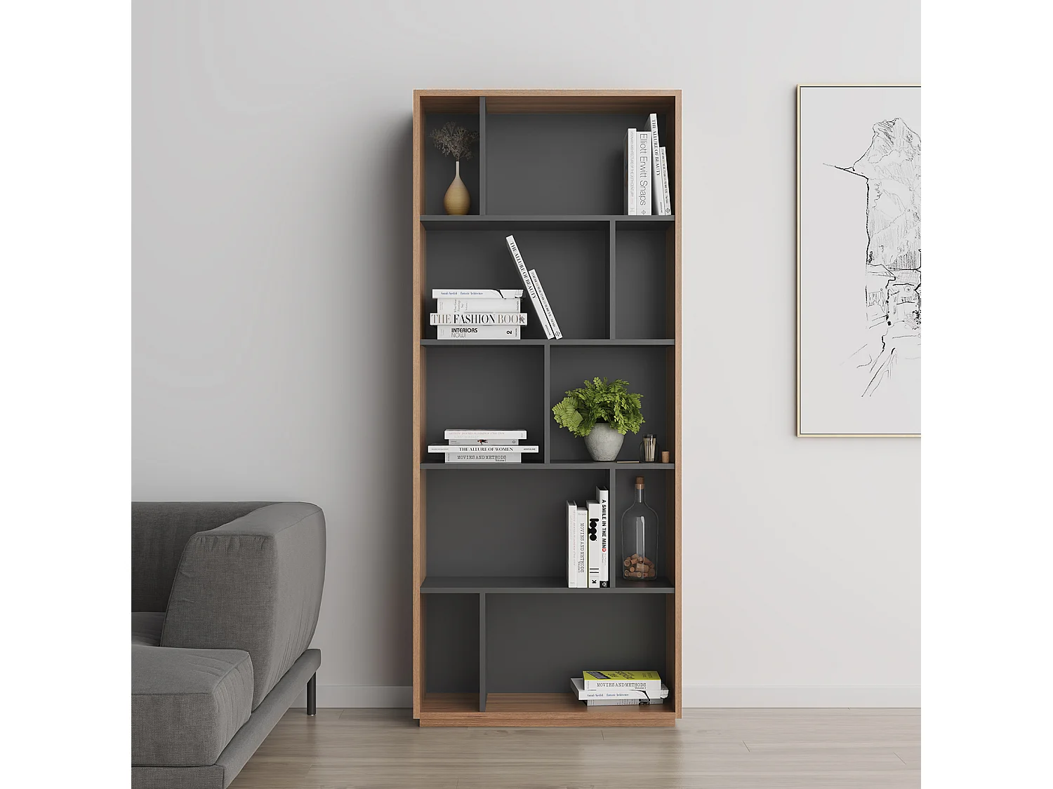 Biblioteca 5 prateleiras - A191cm x C80cm x P32cm nogueira e antracite - Nack