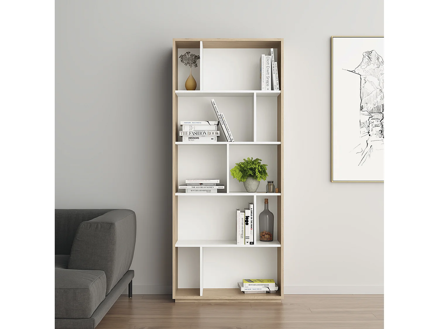 Biblioteca 5 prateleiras - A191cm x C80cm x P32cm carvalho e branco - Nack