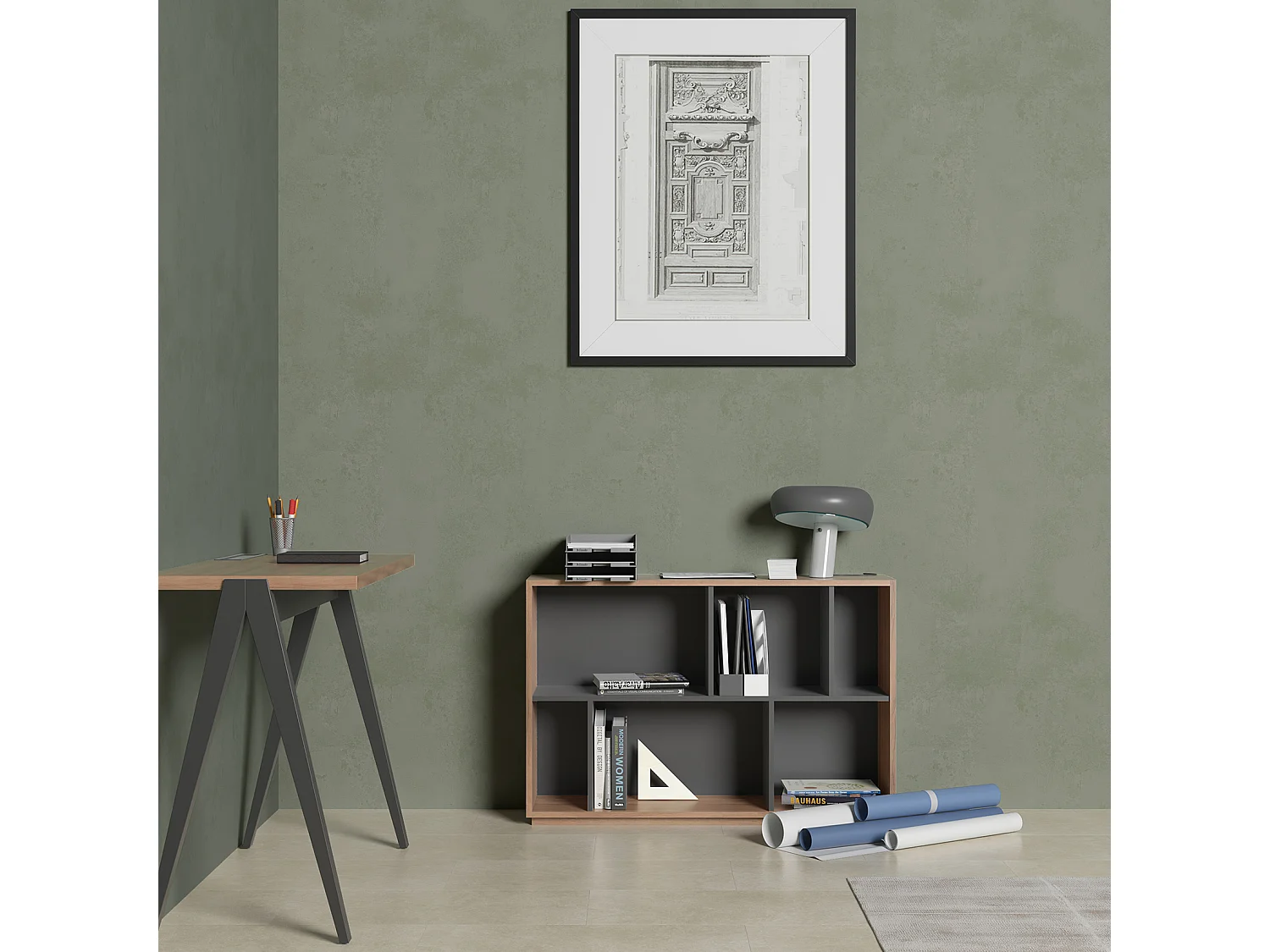 Biblioteca 2 prateleiras - A80cm x C119cm x P32cm nogueira e antracite - Nack