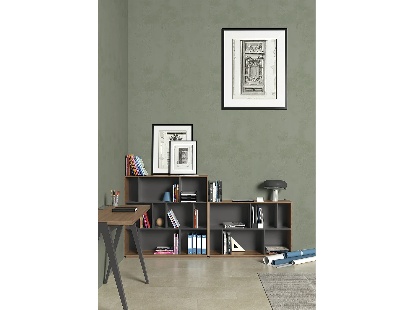 Biblioteca 2 prateleiras - A80cm x C119cm x P32cm nogueira e antracite - Nack