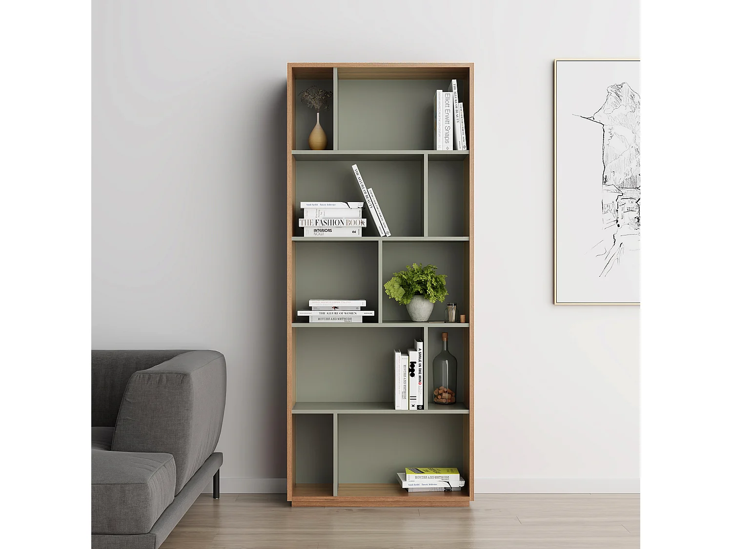 Biblioteca 5 prateleiras - A191cm x C80cm x P32cm nogueira e verde - Nack