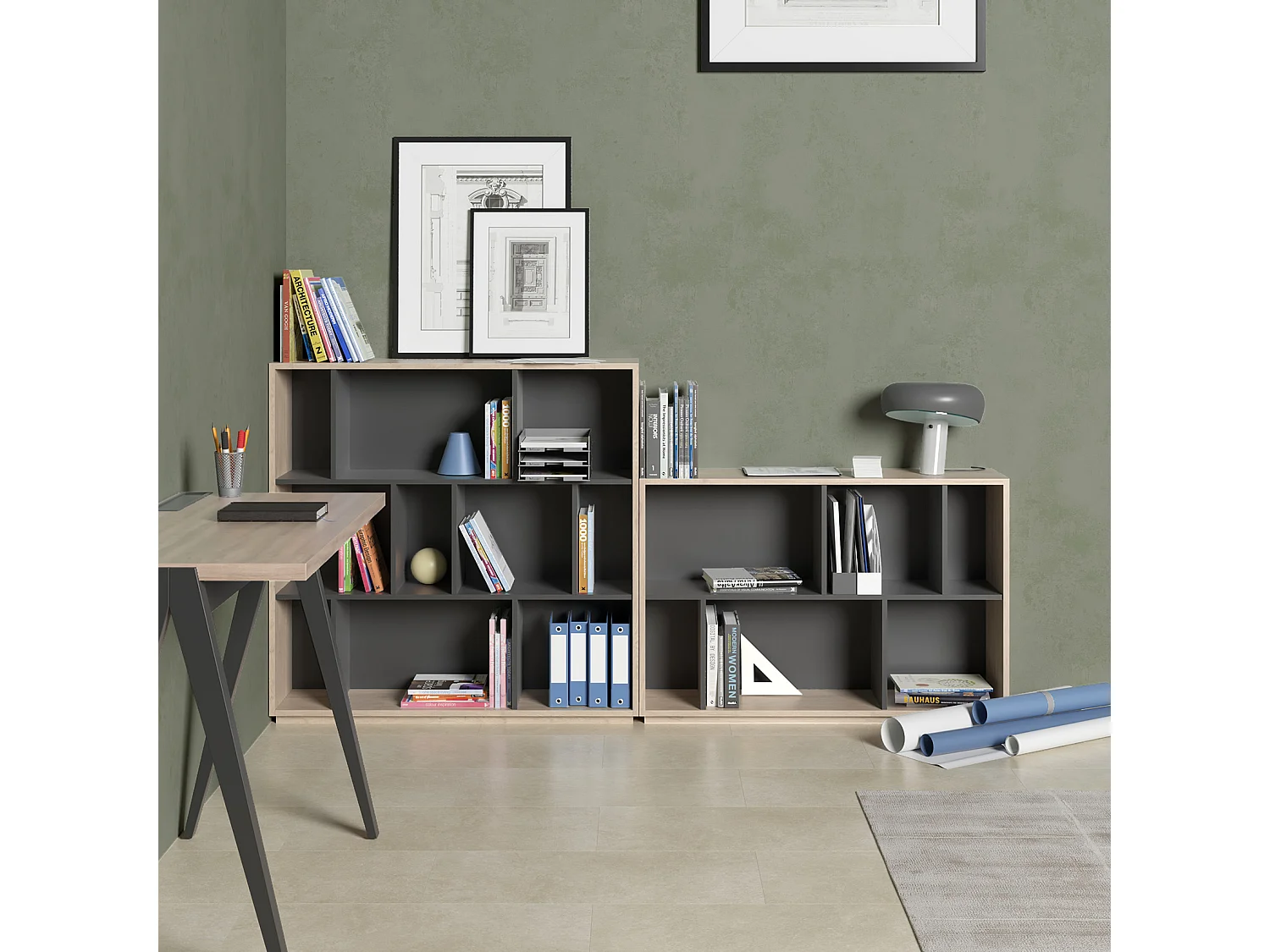 Biblioteca 2 prateleiras - A80cm x C119cm x P32cm carvalho e antracite - Nack