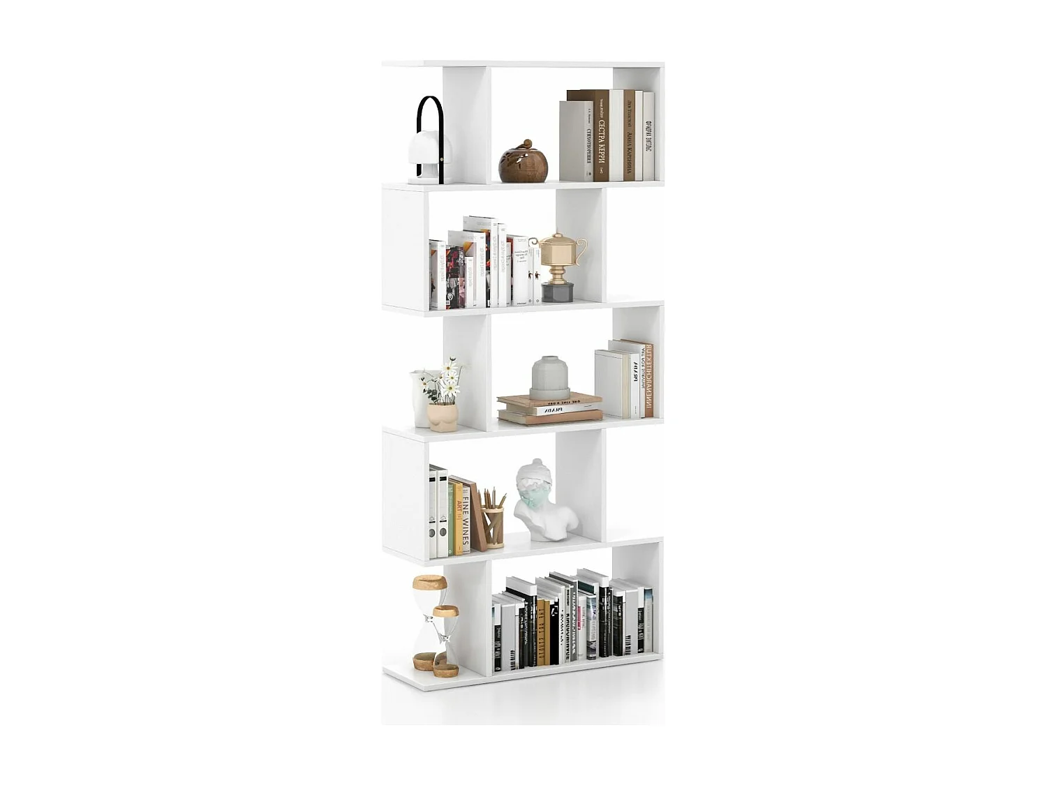 Bibliothèque en Forme de S, Étagère à 5 Niveaux, Meuble de Rangement avec Anti-basculement, 70 x 23,5 x 158 cm, Blanc