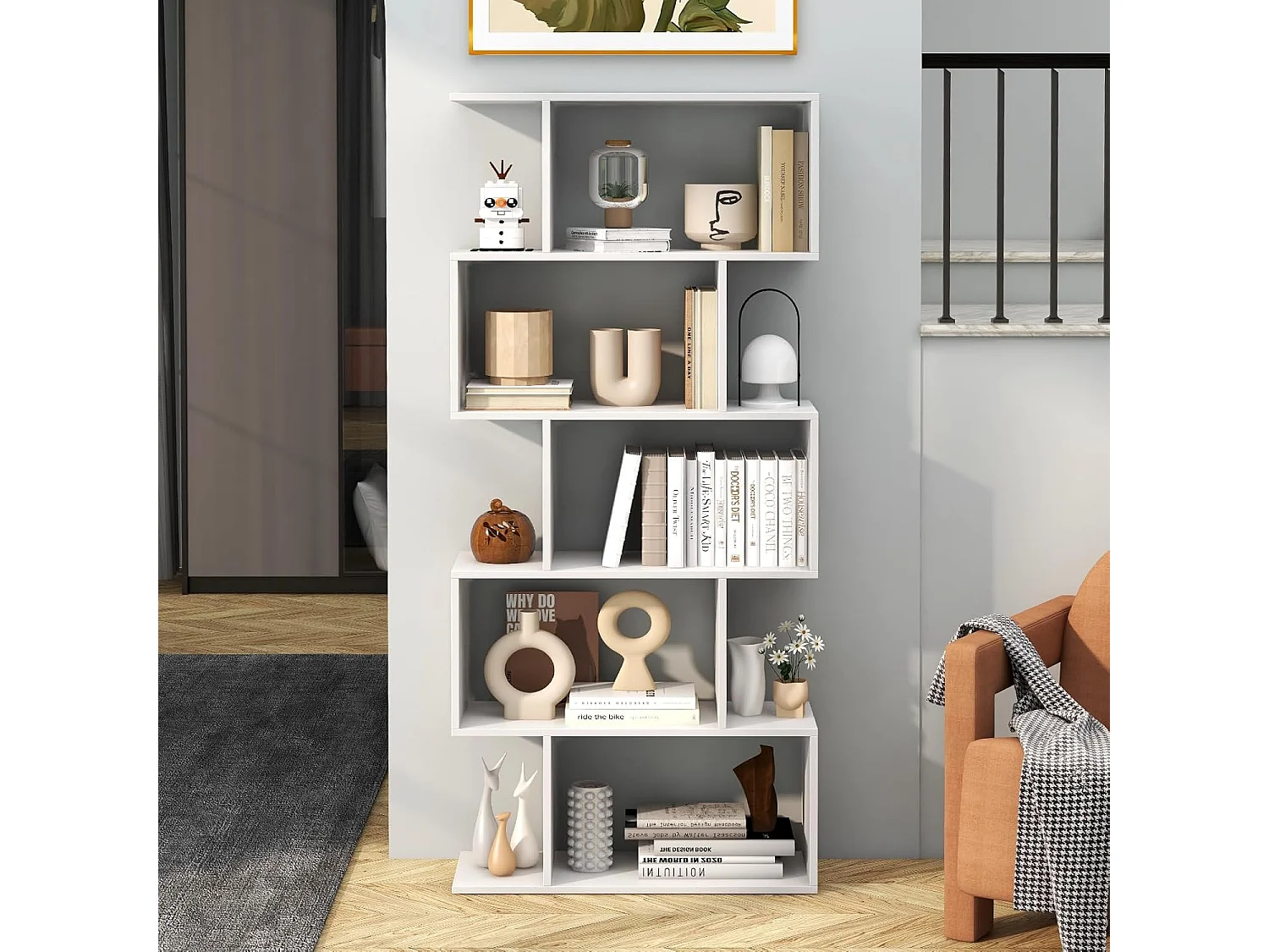 Bibliothèque en Forme de S, Étagère à 5 Niveaux, Meuble de Rangement avec Anti-basculement, 70 x 23,5 x 158 cm, Blanc