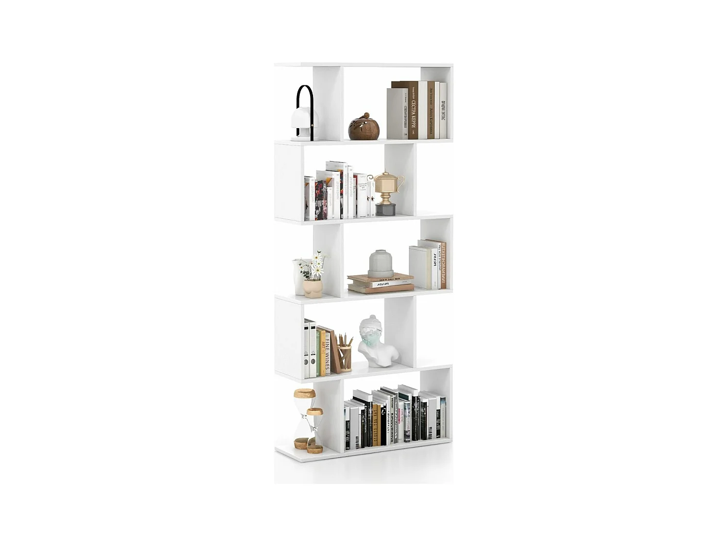Bibliothèque en Forme de S, Étagère à 5 Niveaux, Meuble de Rangement avec Anti-basculement, 70 x 23,5 x 158 cm, Blanc