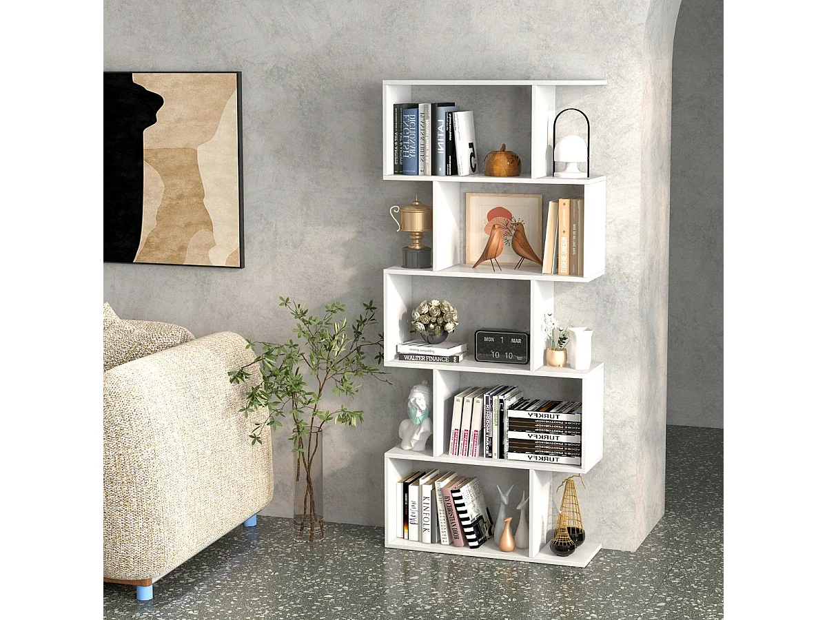Bibliothèque en Forme de S, Étagère à 5 Niveaux, Meuble de Rangement avec Anti-basculement, 70 x 23,5 x 158 cm, Blanc