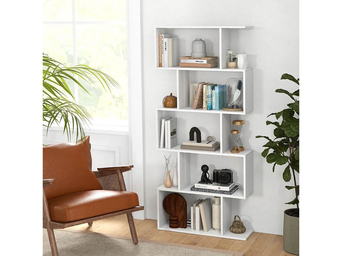 Bibliothèque en Forme de S, Étagère à 5 Niveaux, Meuble de Rangement avec Anti-basculement, 70 x 23,5 x 158 cm, Blanc