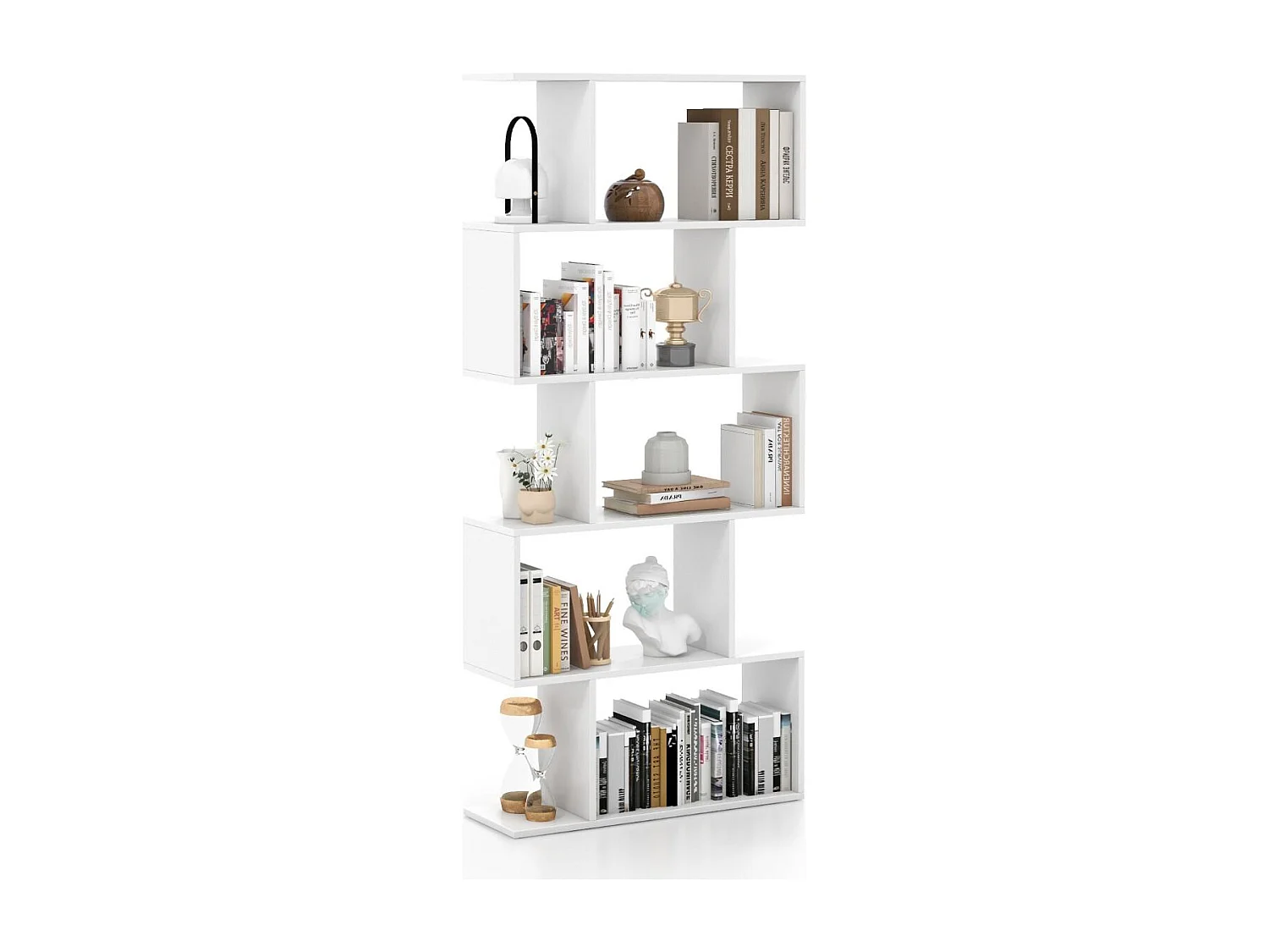 Bibliothèque en Forme de S, Étagère à 5 Niveaux, Meuble de Rangement avec Anti-basculement, 70 x 23,5 x 158 cm, Blanc