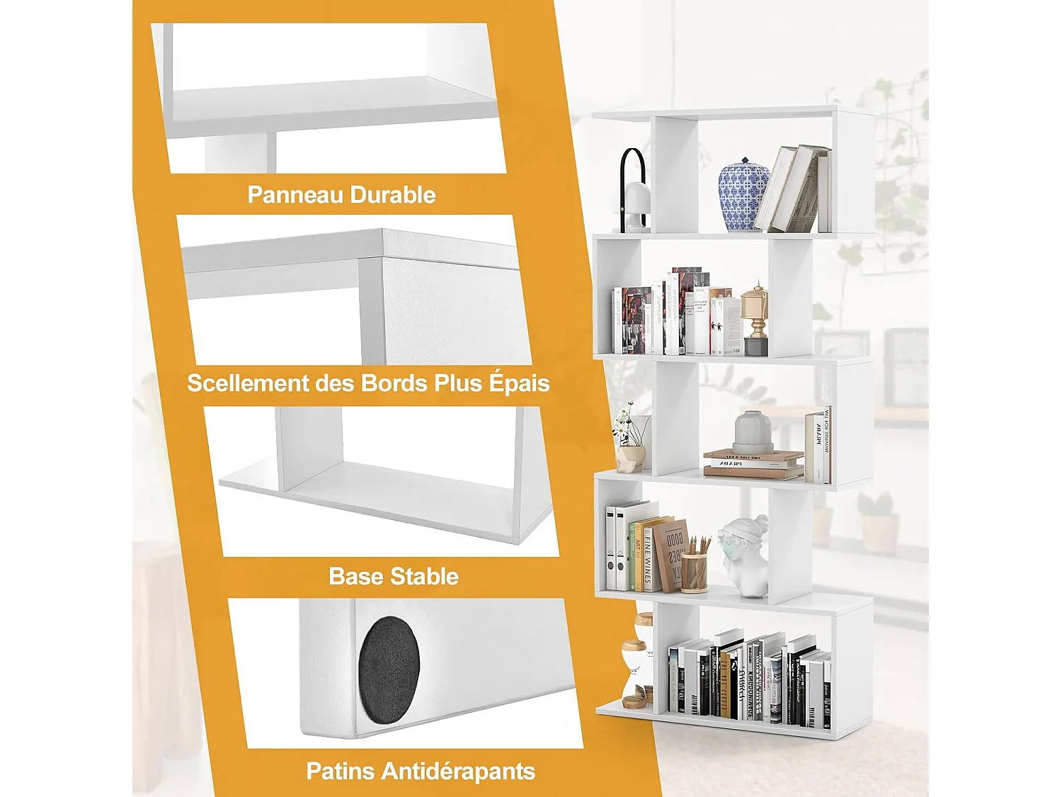 Bibliothèque en Forme de S, Étagère à 5 Niveaux, Meuble de Rangement avec Anti-basculement, 70 x 23,5 x 158 cm, Blanc