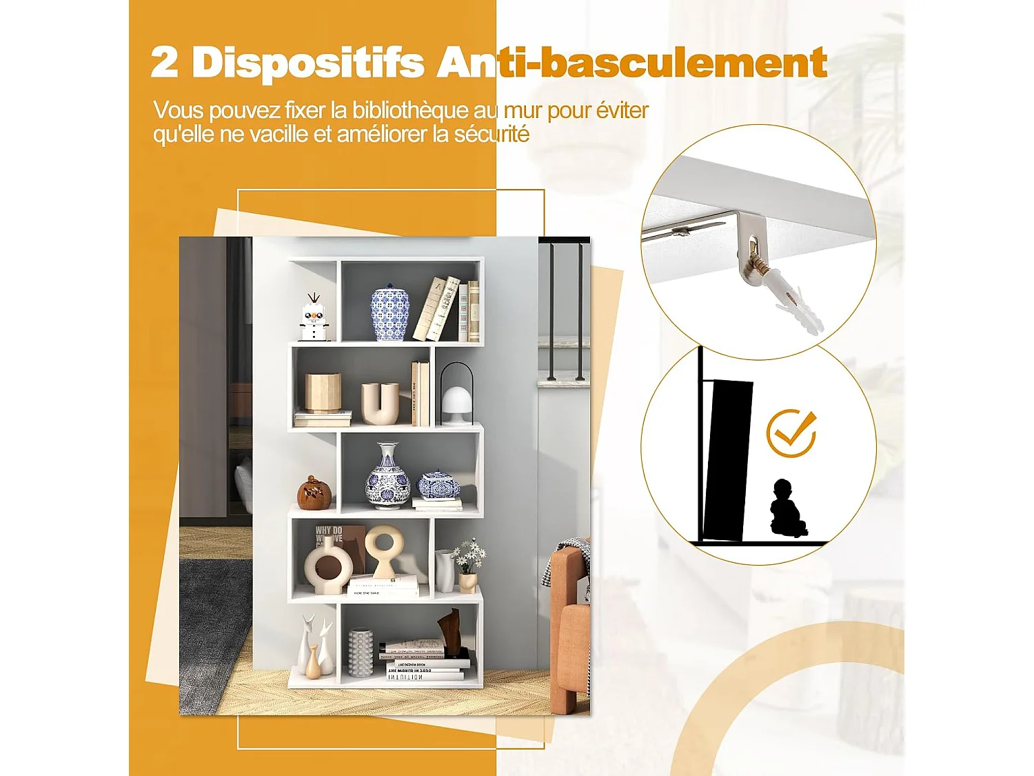 Bibliothèque en Forme de S, Étagère à 5 Niveaux, Meuble de Rangement avec Anti-basculement, 70 x 23,5 x 158 cm, Blanc