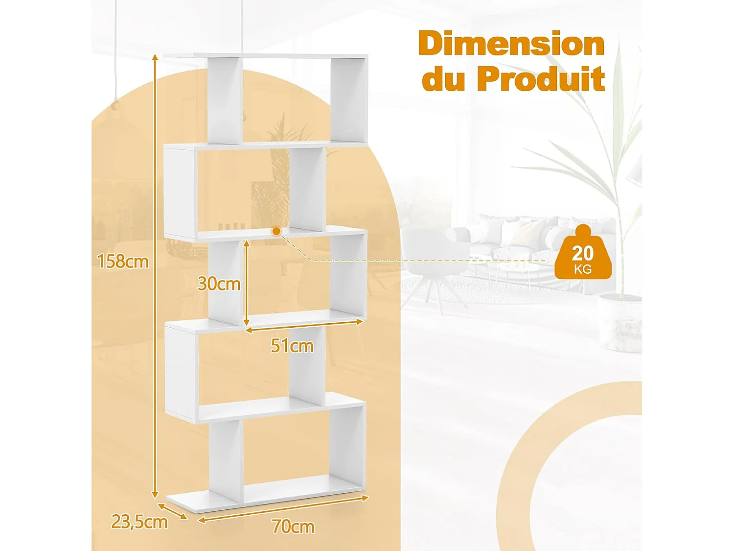 Bibliothèque en Forme de S, Étagère à 5 Niveaux, Meuble de Rangement avec Anti-basculement, 70 x 23,5 x 158 cm, Blanc
