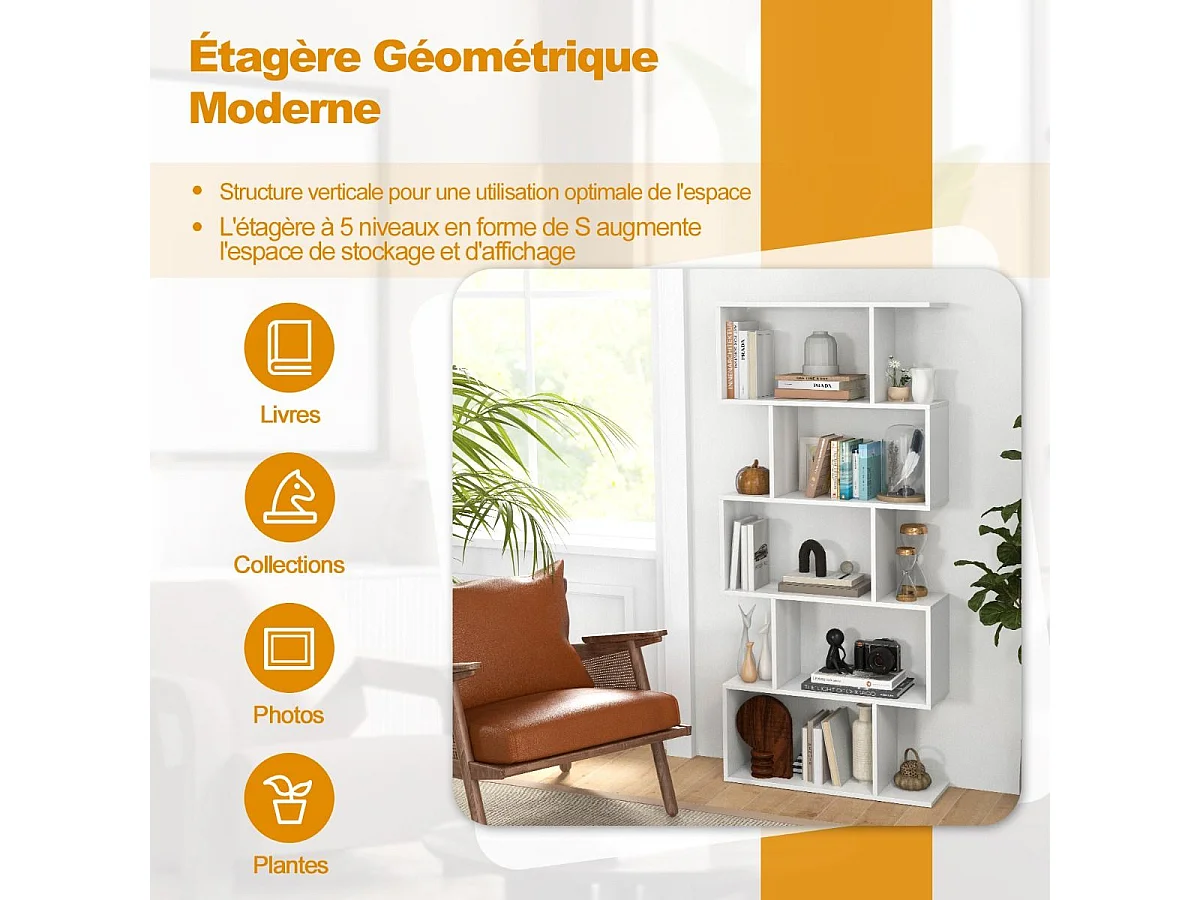 Bibliothèque en Forme de S, Étagère à 5 Niveaux, Meuble de Rangement avec Anti-basculement, 70 x 23,5 x 158 cm, Blanc