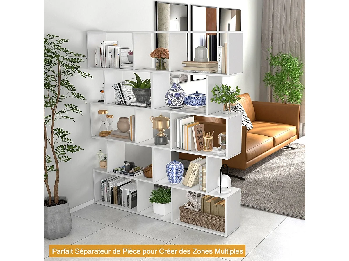 Bibliothèque en Forme de S, Étagère à 5 Niveaux, Meuble de Rangement avec Anti-basculement, 70 x 23,5 x 158 cm, Blanc