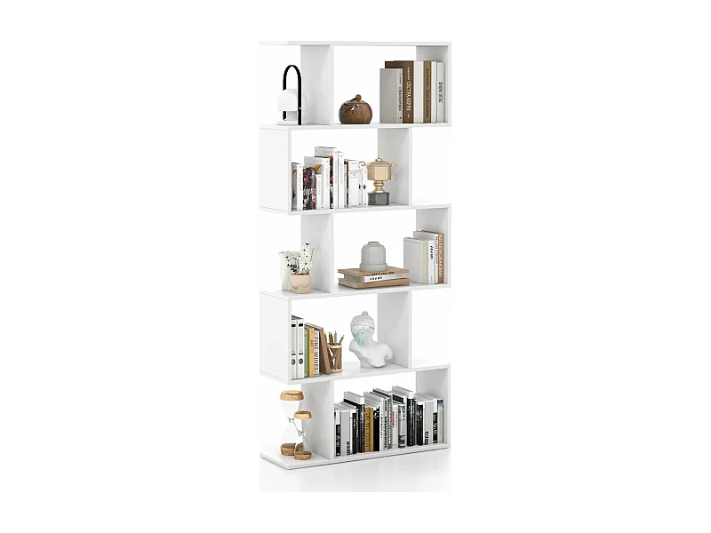 Bibliothèque en Forme de S, Étagère à 5 Niveaux, Meuble de Rangement avec Anti-basculement, 70 x 23,5 x 158 cm, Blanc