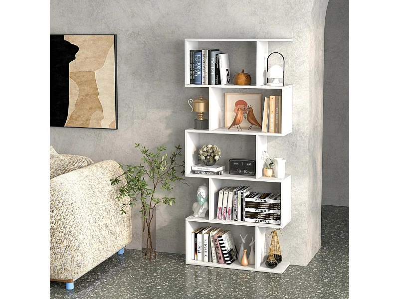S-vormige boekenkast, plank met 5 niveaus, opbergruimte met kantelbeveiliging, 70 x 23,5 x 158 cm, wit