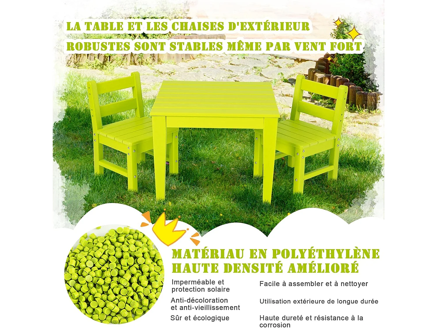 Ensemble Table et 2 Chaises pour Enfants avec Surface Imperméable, Table d'Activités Polyvalente avec Structure Stable, Assemblage Facile, Design Ergonomique, Intérieur Extérieur, Vert
