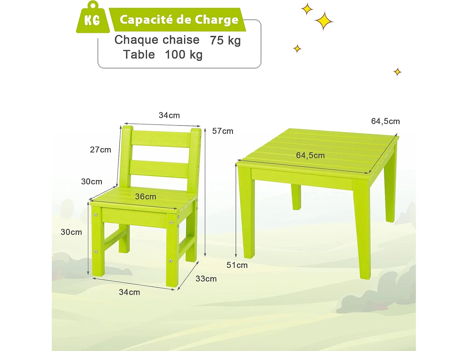 Ensemble Table et 2 Chaises pour Enfants avec Surface Imperméable, Table d'Activités Polyvalente avec Structure Stable, Assemblage Facile, Design Ergonomique, Intérieur Extérieur, Vert