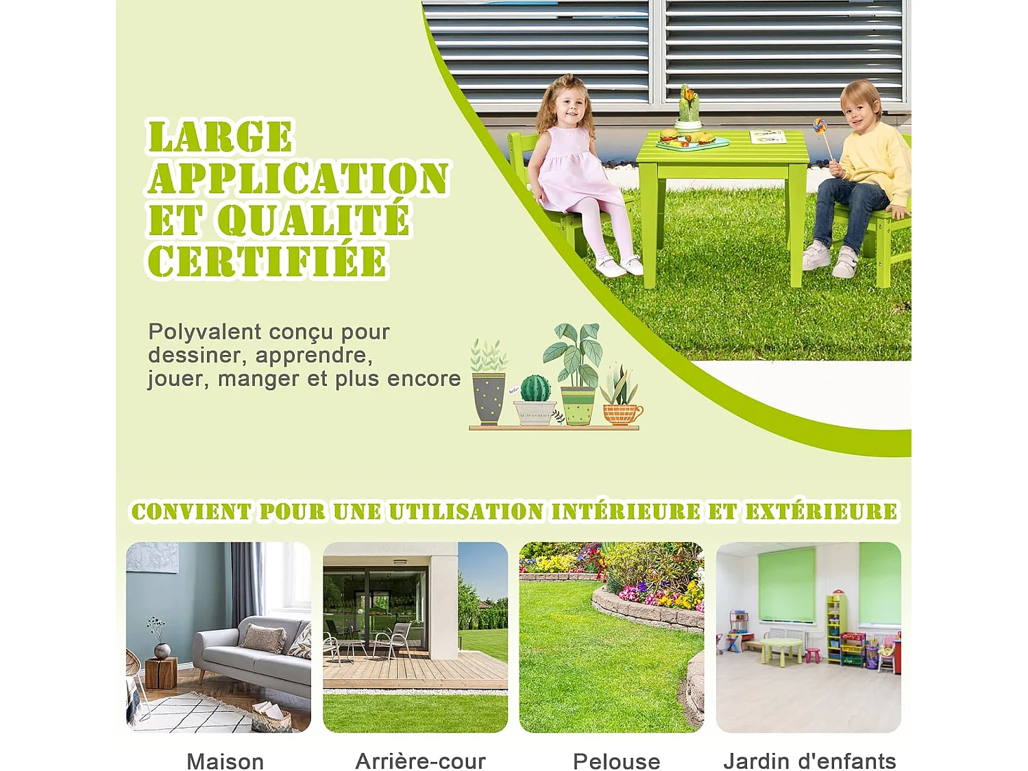 Ensemble Table et 2 Chaises pour Enfants avec Surface Imperméable, Table d'Activités Polyvalente avec Structure Stable, Assemblage Facile, Design Ergonomique, Intérieur Extérieur, Vert