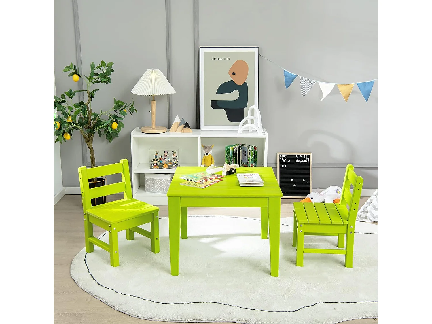 Ensemble Table et 2 Chaises pour Enfants avec Surface Imperméable, Table d'Activités Polyvalente avec Structure Stable, Assemblage Facile, Design Ergonomique, Intérieur Extérieur, Vert
