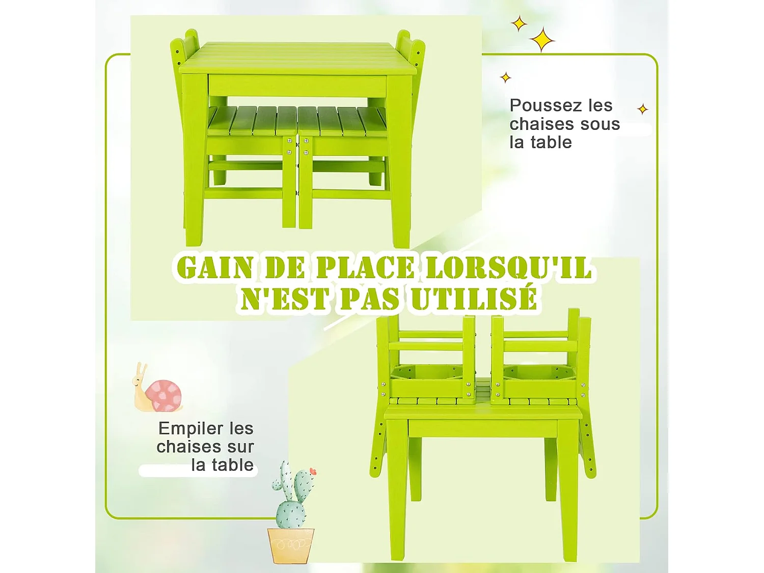 Ensemble Table et 2 Chaises pour Enfants avec Surface Imperméable, Table d'Activités Polyvalente avec Structure Stable, Assemblage Facile, Design Ergonomique, Intérieur Extérieur, Vert