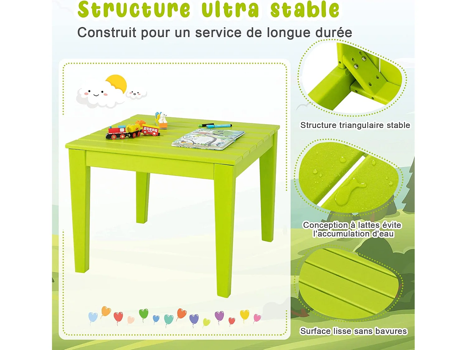 Ensemble Table et 2 Chaises pour Enfants avec Surface Imperméable, Table d'Activités Polyvalente avec Structure Stable, Assemblage Facile, Design Ergonomique, Intérieur Extérieur, Vert