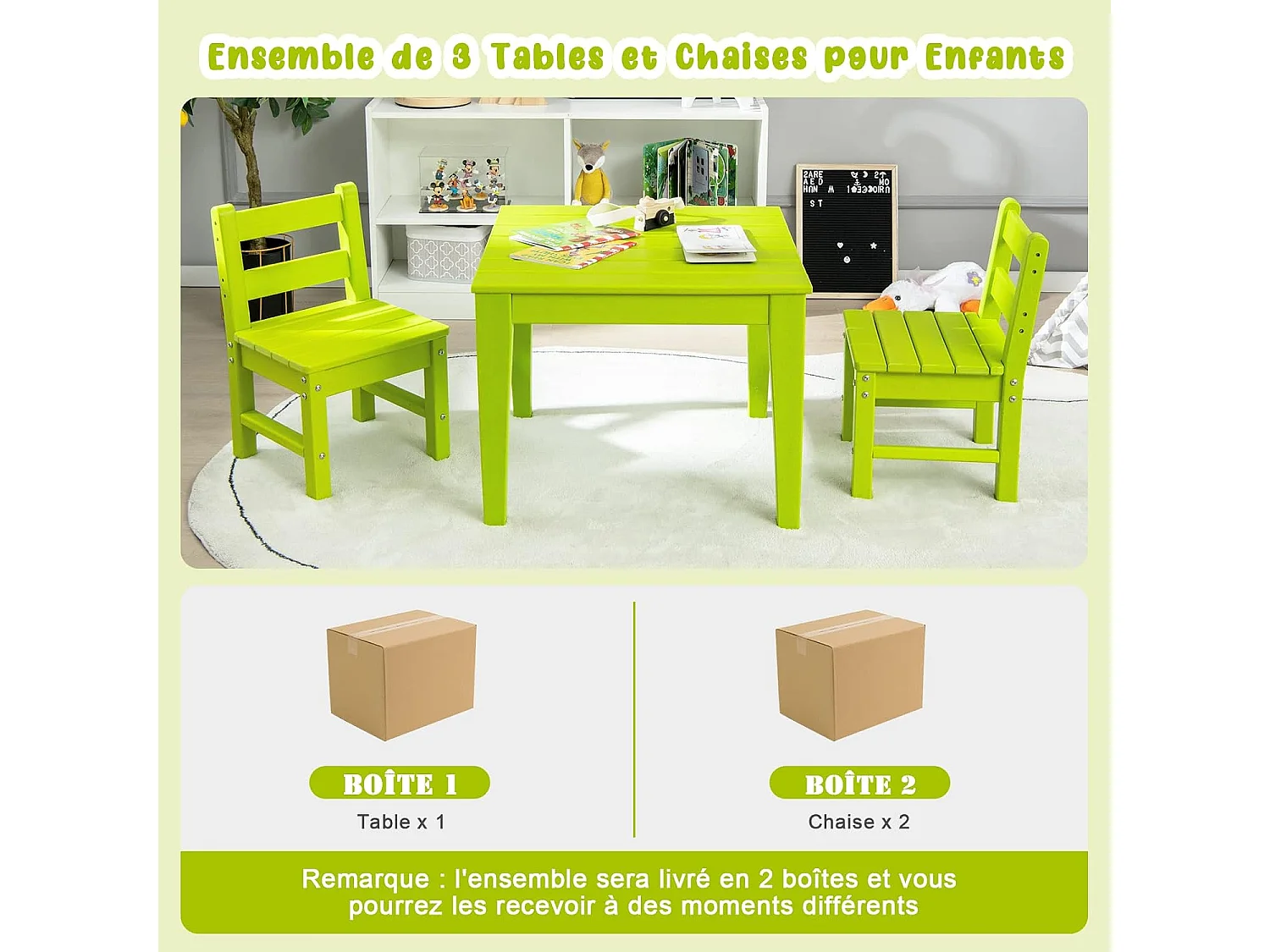 Ensemble Table et 2 Chaises pour Enfants avec Surface Imperméable, Table d'Activités Polyvalente avec Structure Stable, Assemblage Facile, Design Ergonomique, Intérieur Extérieur, Vert