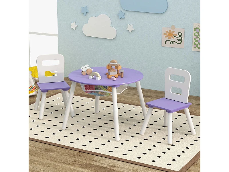 Table et 2 Chaises pour enfants avec Sac de Rangment en Maille, Table d'Activités en MDF & Bois avec Dossier Ergonomique, Charge 50kg pour 3-7 Ans (Violet)