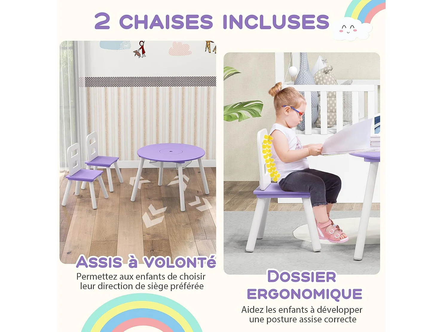 Table et 2 Chaises pour enfants avec Sac de Rangment en Maille, Table d'Activités en MDF & Bois avec Dossier Ergonomique, Charge 50kg pour 3-7 Ans (Violet)