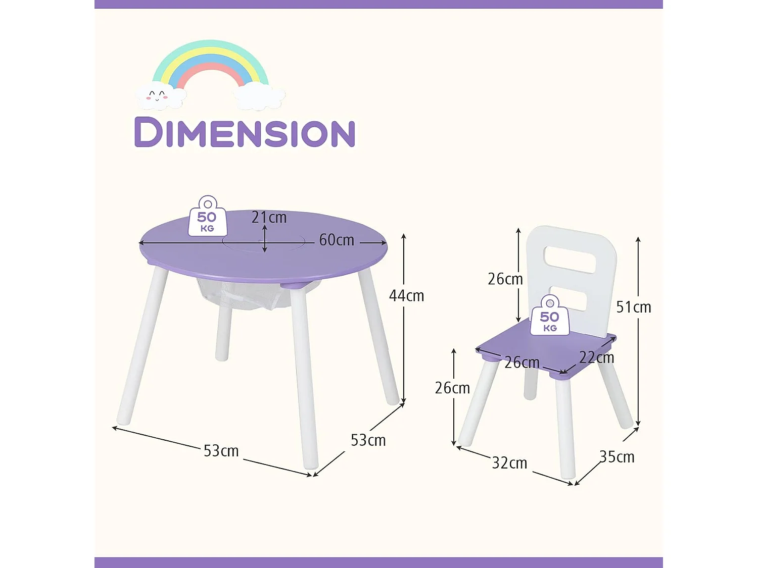 Table et 2 Chaises pour enfants avec Sac de Rangment en Maille, Table d'Activités en MDF & Bois avec Dossier Ergonomique, Charge 50kg pour 3-7 Ans (Violet)