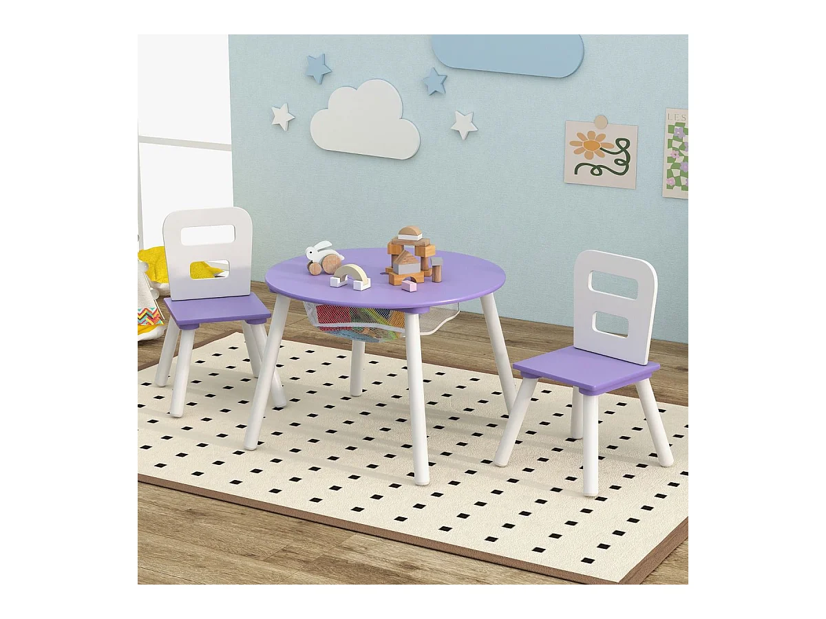 Table et 2 Chaises pour enfants avec Sac de Rangment en Maille, Table d'Activités en MDF & Bois avec Dossier Ergonomique, Charge 50kg pour 3-7 Ans (Violet)