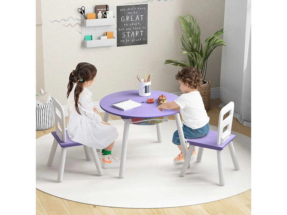 Table et 2 Chaises pour enfants avec Sac de Rangment en Maille, Table d'Activités en MDF & Bois avec Dossier Ergonomique, Charge 50kg pour 3-7 Ans (Violet)
