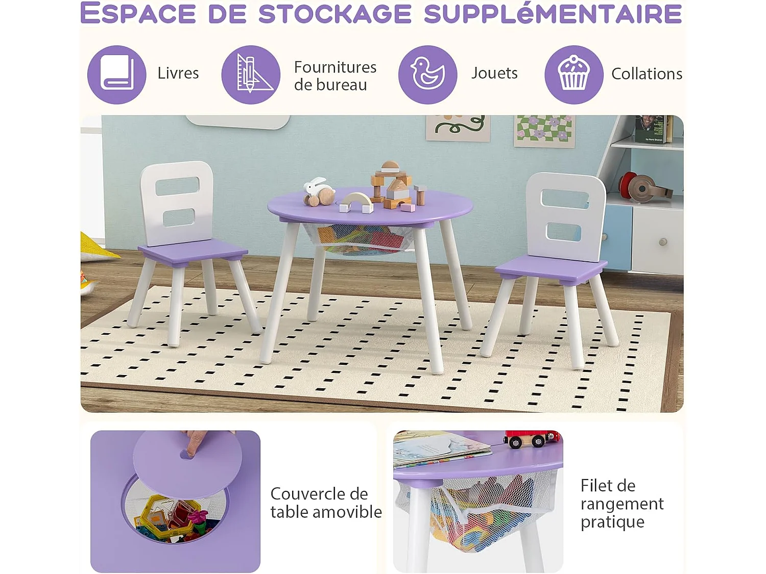 Table et 2 Chaises pour enfants avec Sac de Rangment en Maille, Table d'Activités en MDF & Bois avec Dossier Ergonomique, Charge 50kg pour 3-7 Ans (Violet)