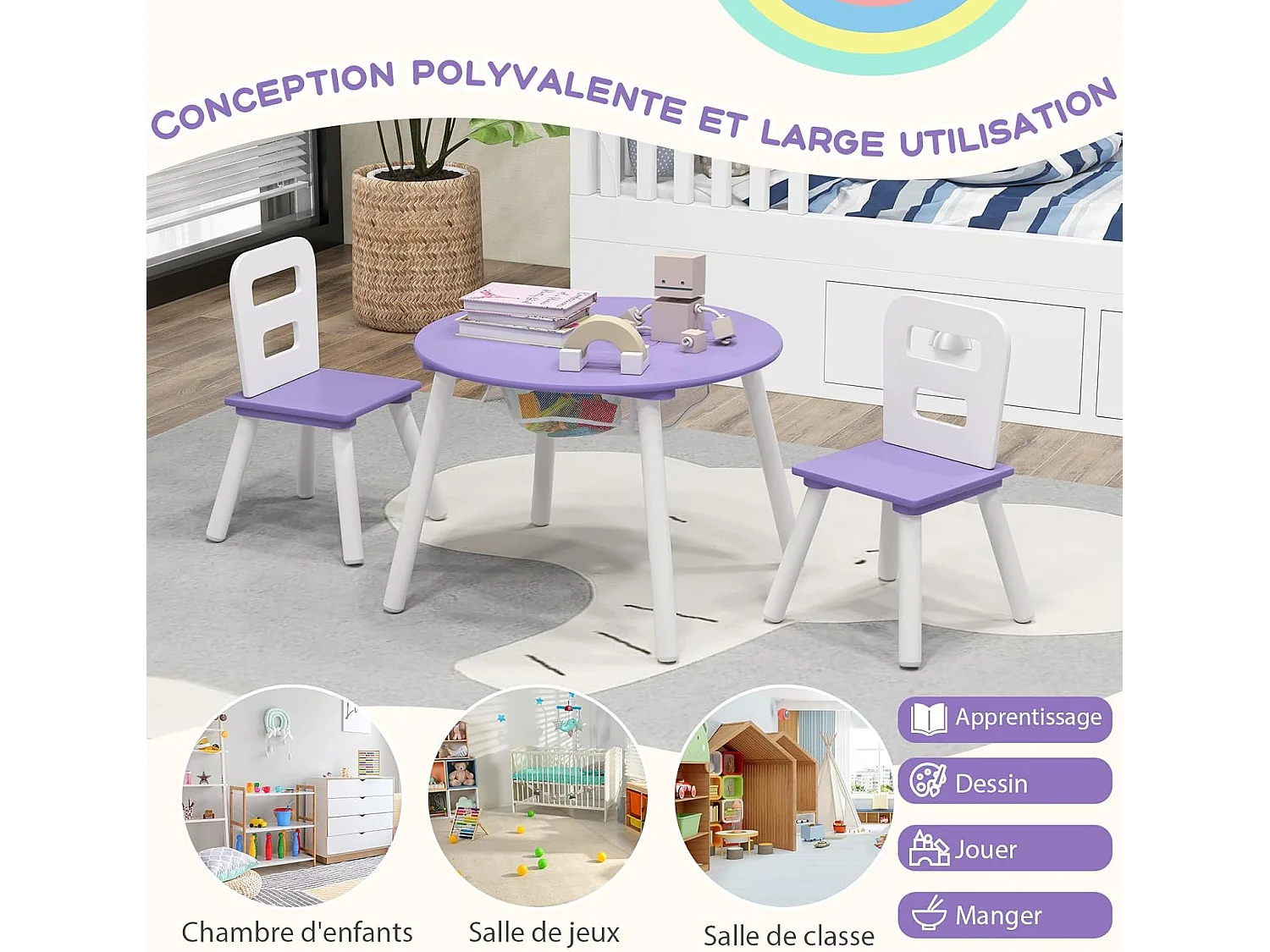 Table et 2 Chaises pour enfants avec Sac de Rangment en Maille, Table d'Activités en MDF & Bois avec Dossier Ergonomique, Charge 50kg pour 3-7 Ans (Violet)