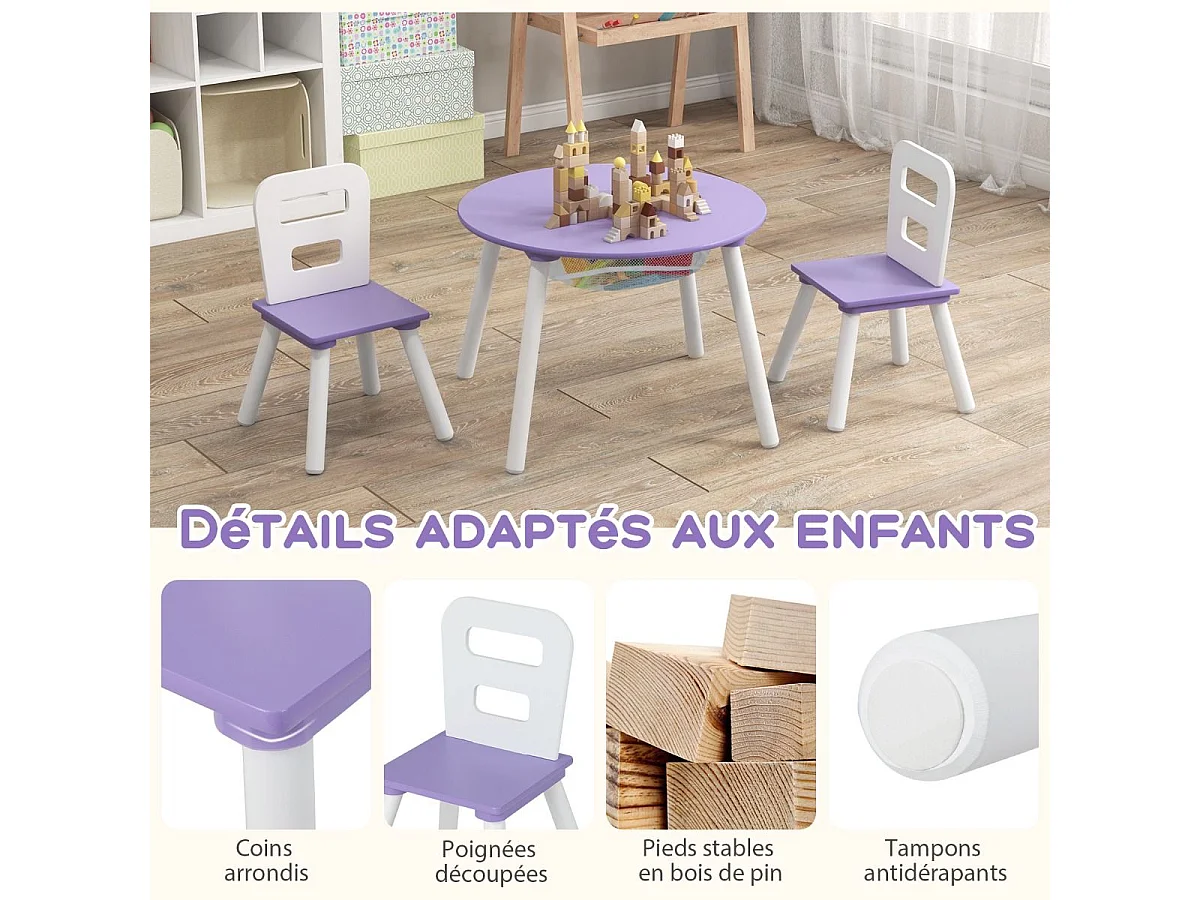 Table et 2 Chaises pour enfants avec Sac de Rangment en Maille, Table d'Activités en MDF & Bois avec Dossier Ergonomique, Charge 50kg pour 3-7 Ans (Violet)