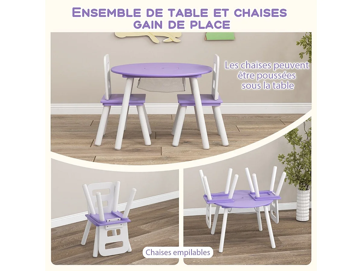 Table et 2 Chaises pour enfants avec Sac de Rangment en Maille, Table d'Activités en MDF & Bois avec Dossier Ergonomique, Charge 50kg pour 3-7 Ans (Violet)