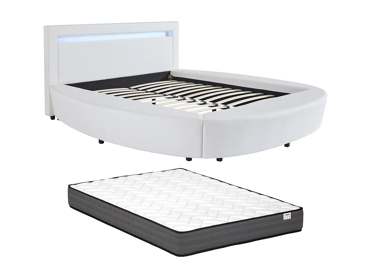 Bett mit LEDs - 160 x 200 cm - Kunstleder - Weiß + Matratze - ABULIS III