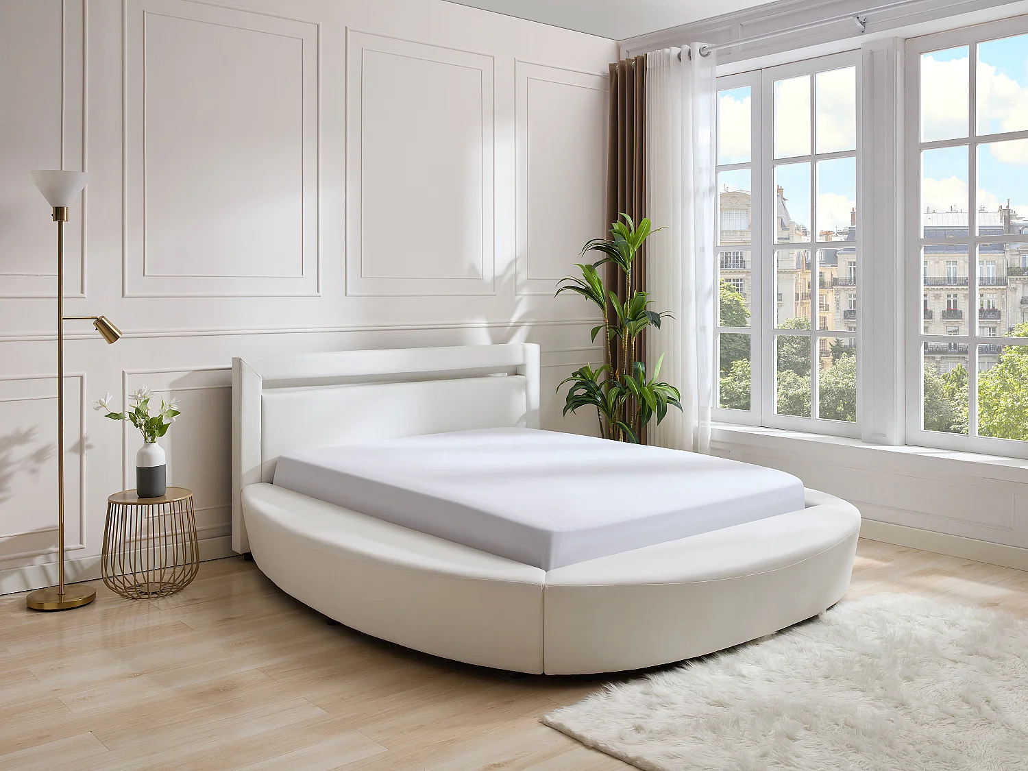 Lit rond 160 x 200 cm - Avec LEDs - Simili - Blanc + Matelas - ABULIS III